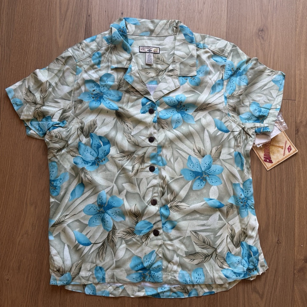 Caribbean Joe Womens Sz L Hawaiian Shirt Floral Tropical Button Front Vtg New - Picture 6 of 8